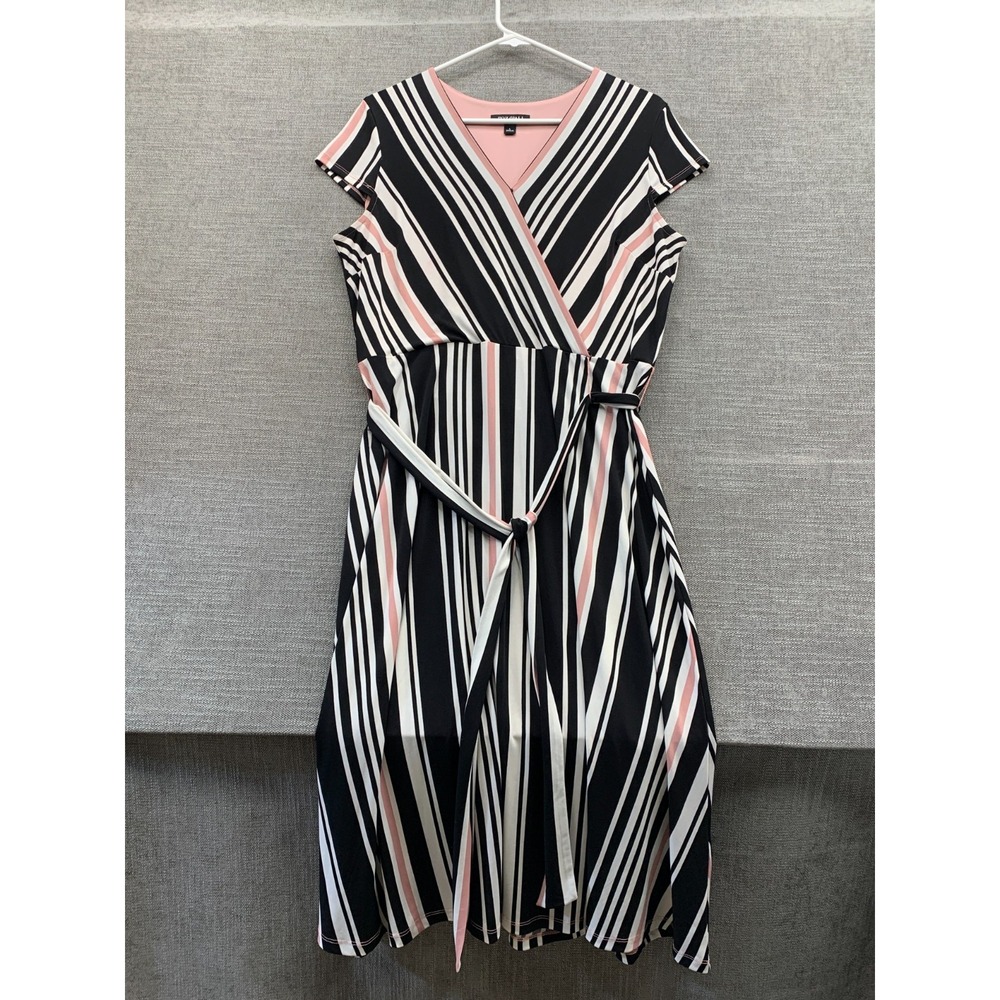 Roz & Ali Wrap Dress Womens Large Multicolor Striped Tie Waist Cap Sleeve V Neck